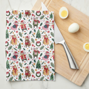 Cute Christmas Mice On White Tea Towel