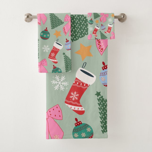 Cute Christmas Mint Green Bath Towel Set (Insitu)