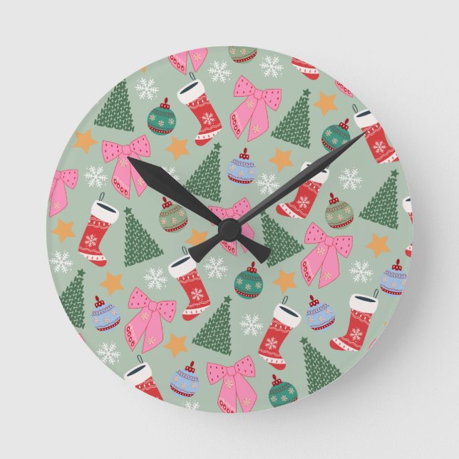 Cute Christmas Mint Green Round Clock (Front)