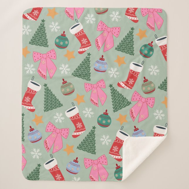 Cute Christmas Mint Green Sherpa Blanket (Front)