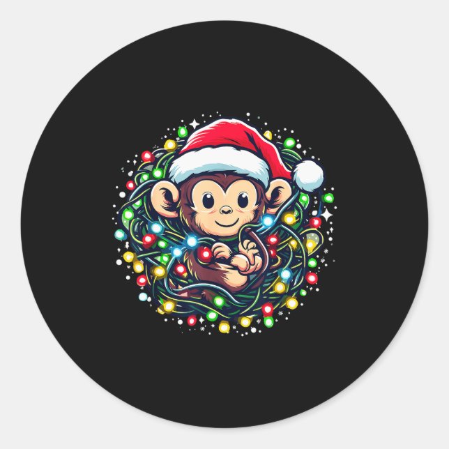 Cute Christmas Monkey Santa Hat Lights Monkey Wome Classic Round Sticker (Front)