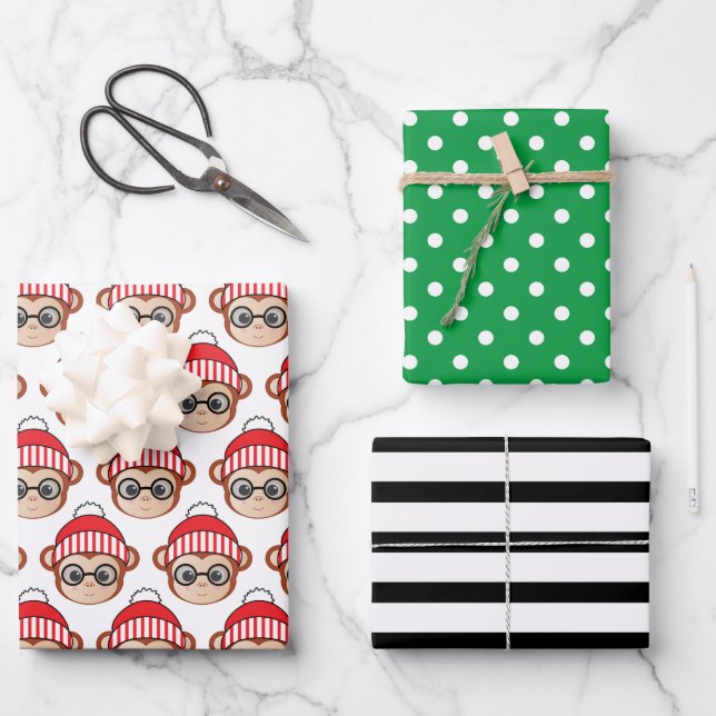 Cute Christmas Monkey Wrapping Paper Sheets (Front)