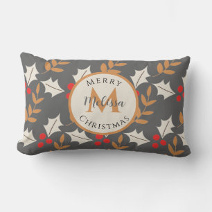 Cute Christmas Monogram Grey/Grey Holly Mistletoe Lumbar Cushion