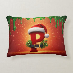 Cute Christmas Monogram P with Santa Hat Decorative Cushion