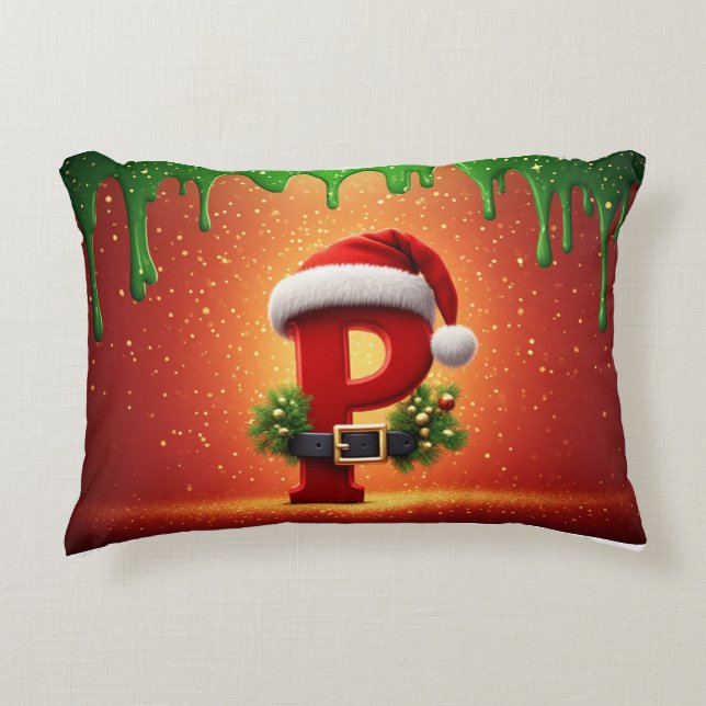 Cute Christmas Monogram P with Santa Hat  Decorative Cushion (Front)