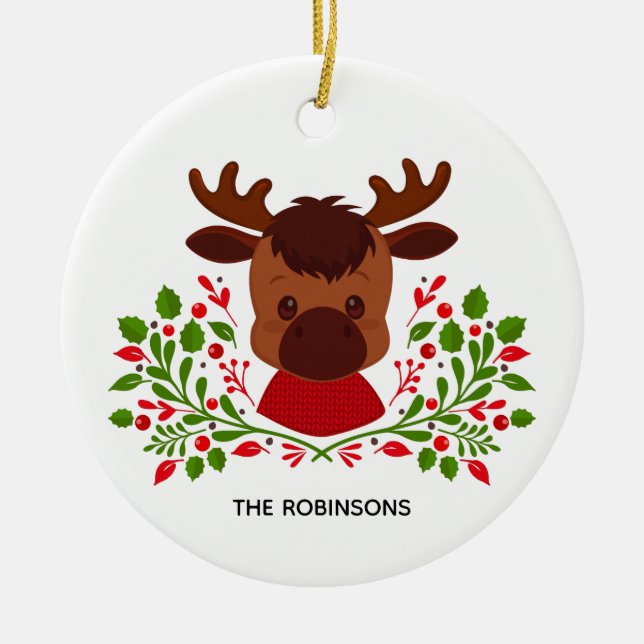 Cute Christmas Moose Photo Ceramic Tree Decoration (Front)