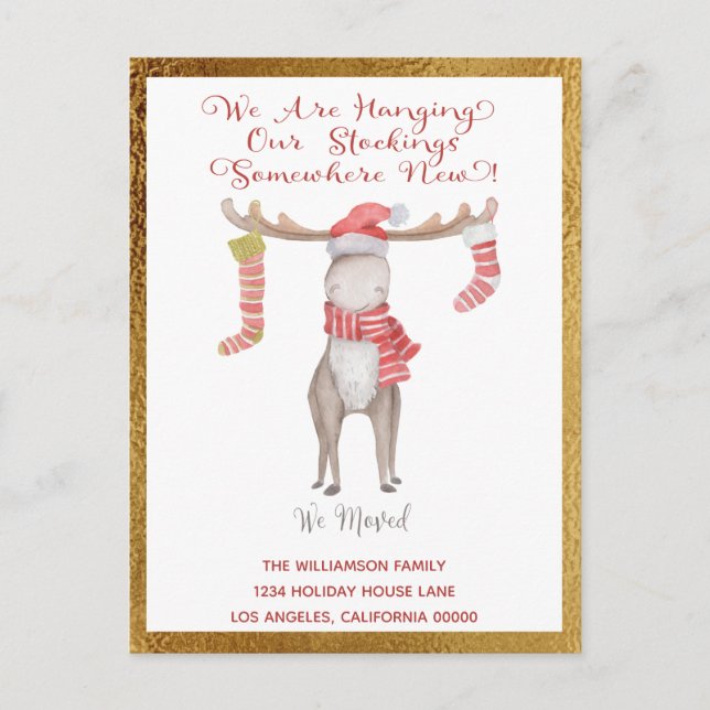 Cute Christmas Moose We've Moved Holiday Moving Announcement Postcard (Front)