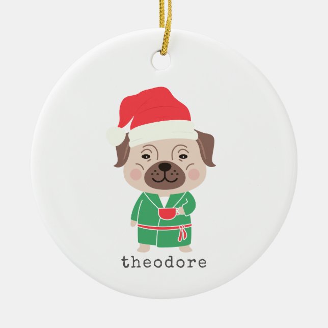 Cute Christmas Morning Coffee Bulldog Custom Name  Ceramic Tree Decoration (Front)