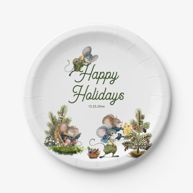 Cute Christmas Mouse Animal Winter Happy Holidays  Paper Plate (Front)