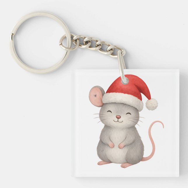 Cute Christmas Mouse in Santa Hat Key Ring (Front)