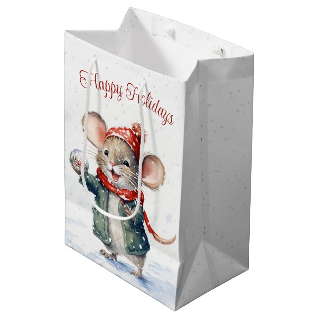 Cute Christmas Mouse In Snowflakes Medium Gift Bag (Front Angled)