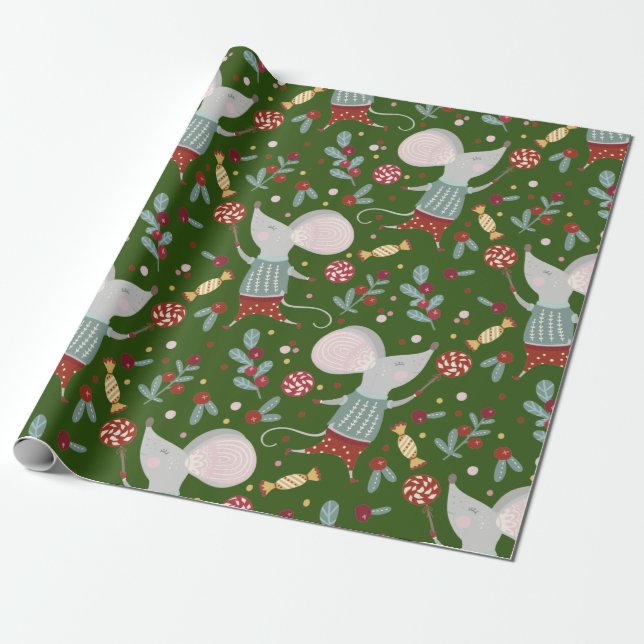 Cute Christmas Mouse Pattern Wrapping Paper (Unrolled)