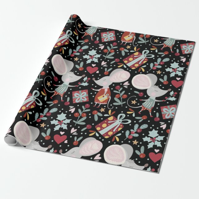 Cute Christmas Mouse Pattern Wrapping Paper (Unrolled)
