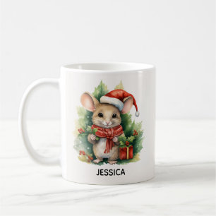 Cute Christmas Mouse Red Santa Hat Name Coffee Mug