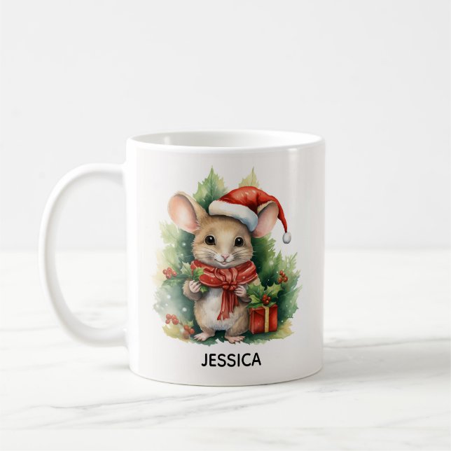 Cute Christmas Mouse Red Santa Hat Name Coffee Mug (Left)