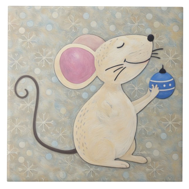 Cute Christmas Mouse Snow Holiday Art Tile (Front)