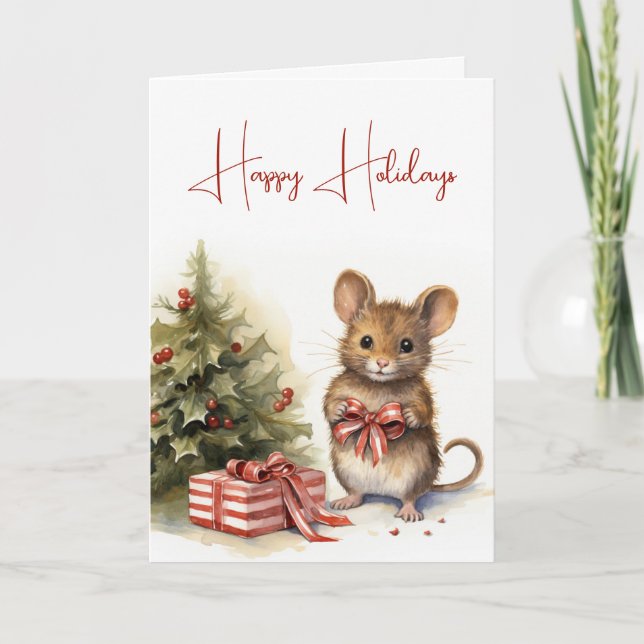 Cute Christmas Mouse With Gift Bow Card (Front)
