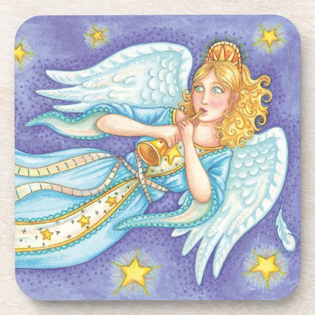 Cute Christmas, Musician Angel Playing Her Horn Coaster (Front)