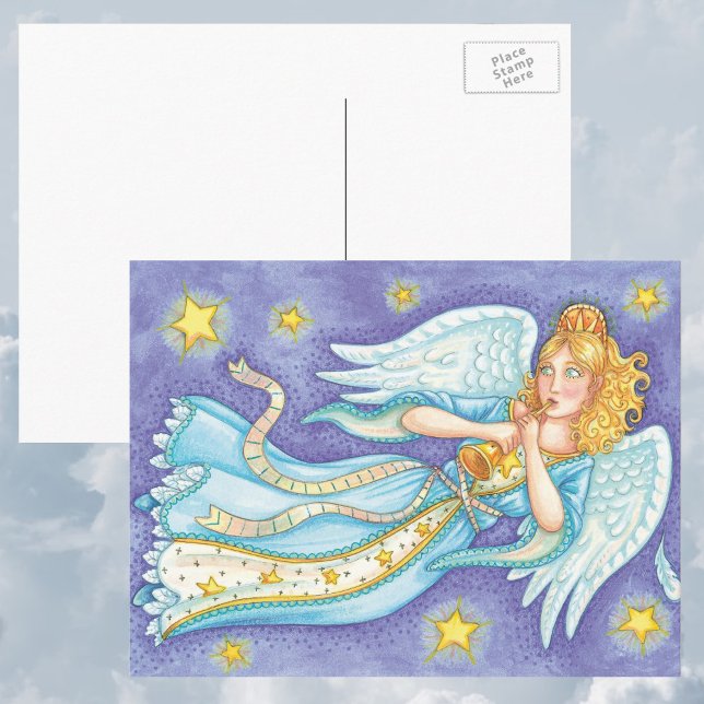 Cute Christmas, Musician Angel Playing Her Horn Holiday Postcard (Creator Uploaded)