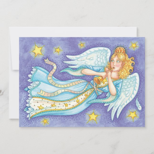 Cute Christmas, Musician Angel Playing Her Horn Invitation (Front)