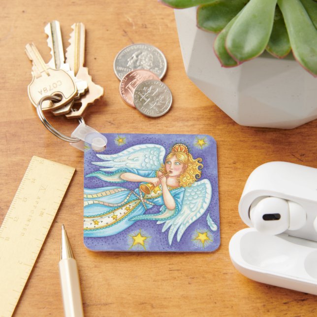 Cute Christmas, Musician Angel Playing Her Horn Key Ring (Desk)