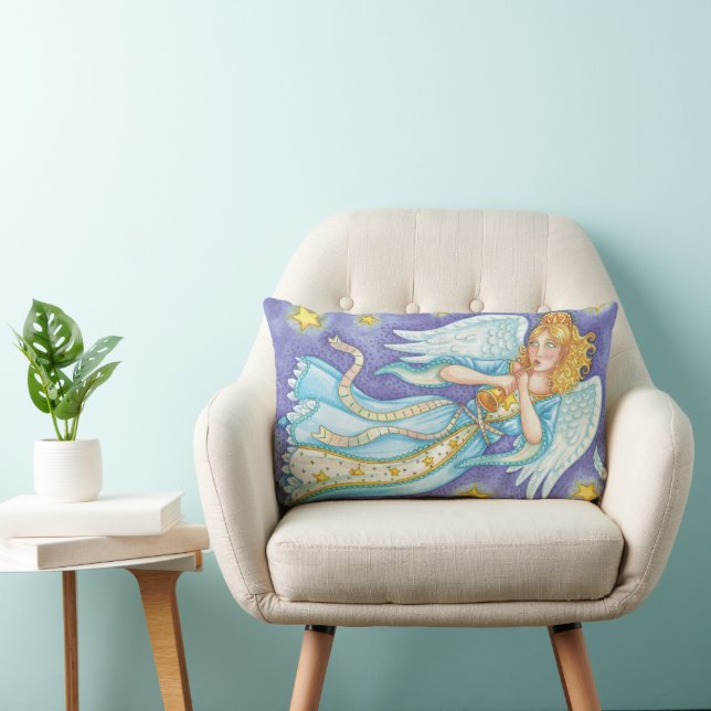 Cute Christmas, Musician Angel Playing Her Horn Lumbar Cushion (Chair)