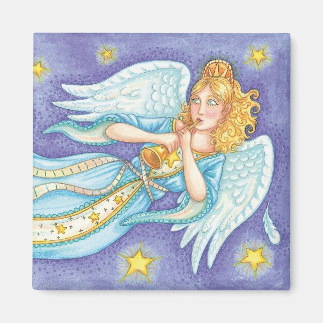 Cute Christmas, Musician Angel Playing Her Horn Magnet (Front)