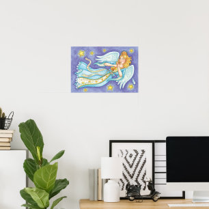 Cute Christmas, Musician Angel Playing Her Horn Poster