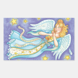 Cute Christmas, Musician Angel Playing Her Horn Rectangular Sticker