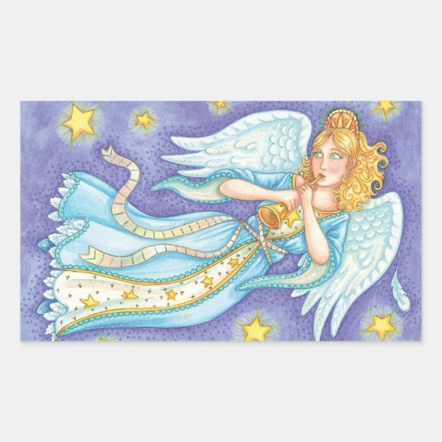 Cute Christmas, Musician Angel Playing Her Horn Rectangular Sticker (Front)