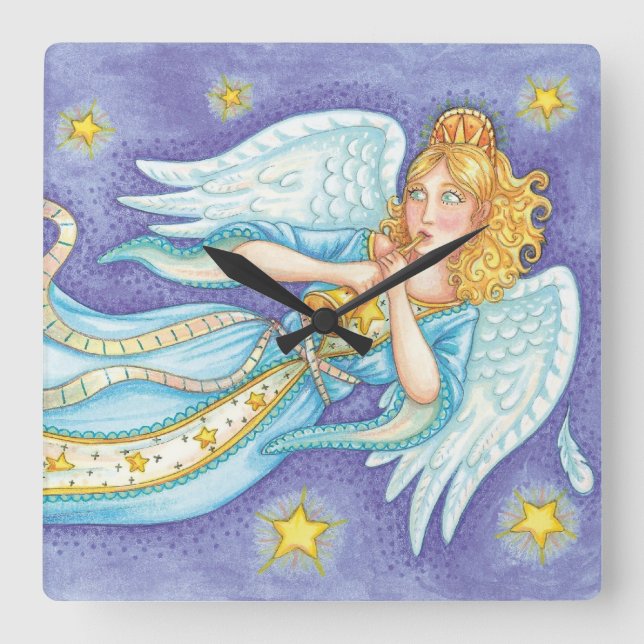 Cute Christmas, Musician Angel Playing Her Horn Square Wall Clock (Front)