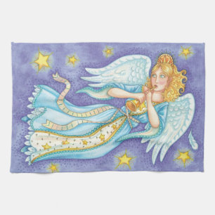 Cute Christmas, Musician Angel Playing Her Horn Tea Towel