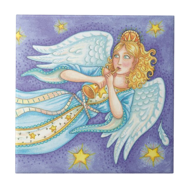 Cute Christmas, Musician Angel Playing Her Horn Tile (Front)