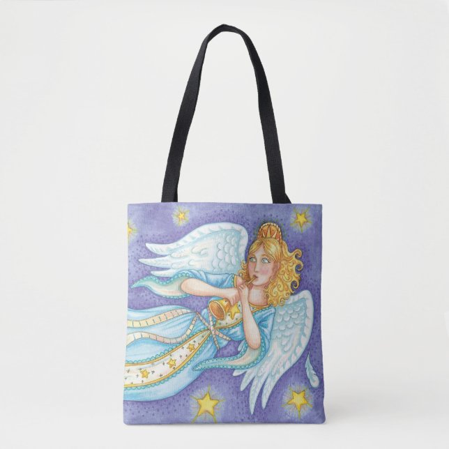 Cute Christmas, Musician Angel Playing Her Horn Tote Bag (Front)
