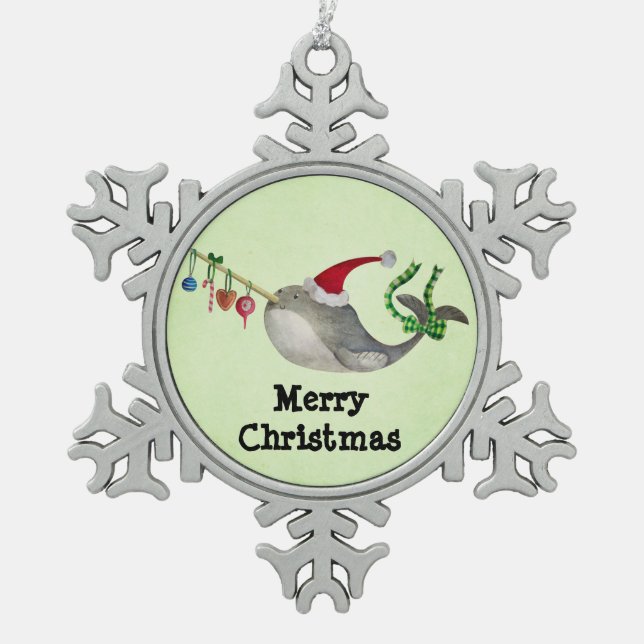 Cute Christmas Narwhal Snowflake Pewter Christmas Ornament (Front)