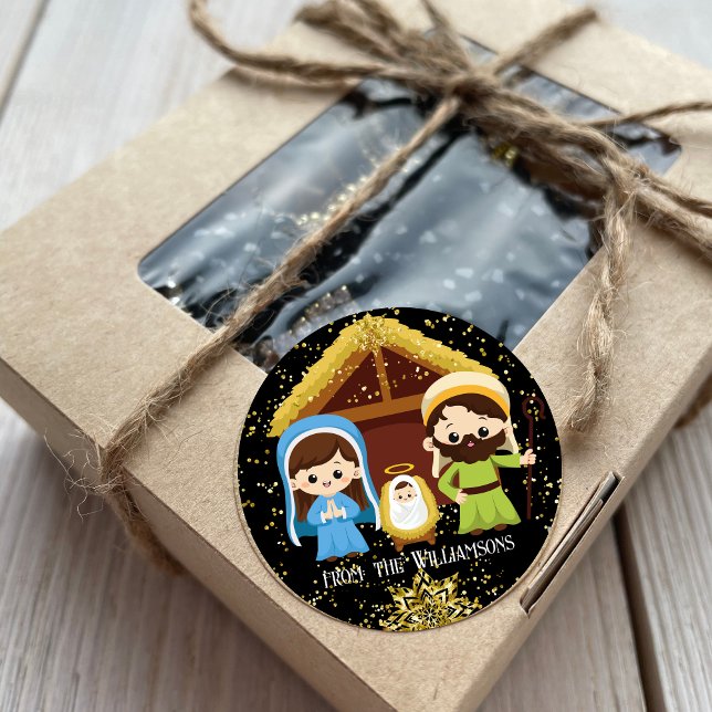 Cute Christmas Nativity Scene Golden Glitter Classic Round Sticker (Creator Uploaded)
