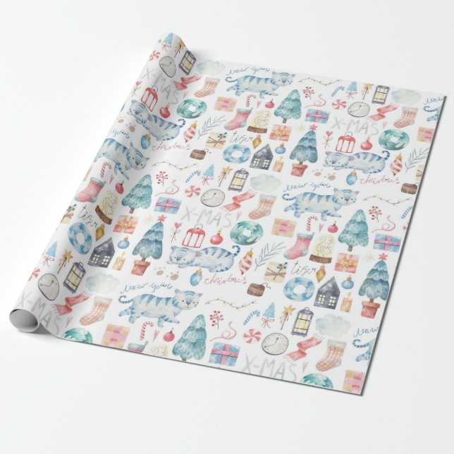 Cute Christmas/New Year Tiger Wrapping Paper (Unrolled)