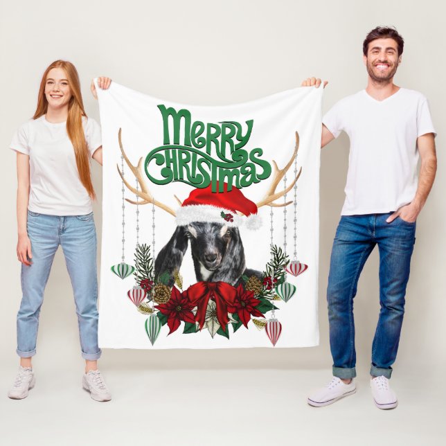 Cute Christmas Nubian Goat with Antlers and Wreath Fleece Blanket (In Situ)