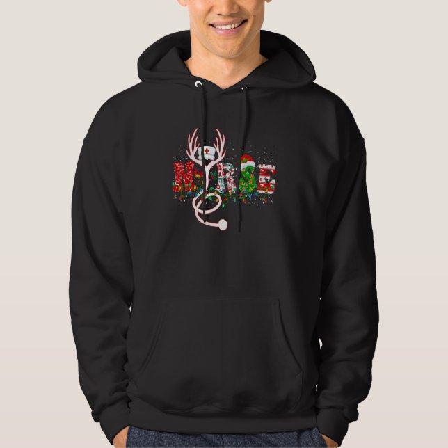 Cute Christmas Nurse Reindeer Stethoscope Santa Ha Hoodie (Front)
