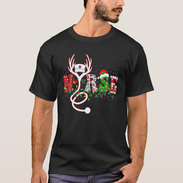 Cute Christmas Nurse Reindeer Stethoscope Santa Ha T-Shirt (Front)