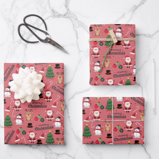 Cute Christmas On Dark Pink Wrapping Paper Sheet (Front)