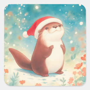 Cute Christmas Otter Sticker with Santa Hat