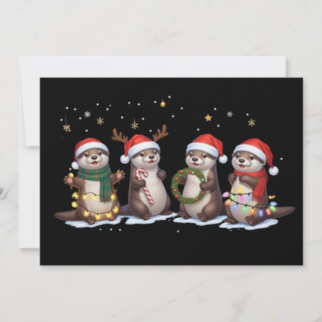 Cute Christmas Otters in Santa Hats Funny Animal  Holiday Card (Front)