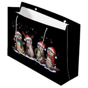 Cute Christmas Otters in Santa Hats Funny Animal Large Gift Bag
