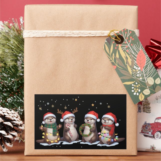 Cute Christmas Otters in Santa Hats Funny Animal  Rectangular Sticker (Holiday)