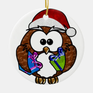 Cute Christmas Owl Holding Presents Ceramic Tree Decoration