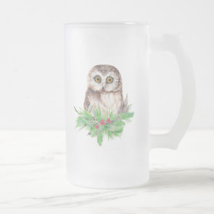 Cute Christmas Owl Humour, Watercolor Bird Frosted Glass Beer Mug