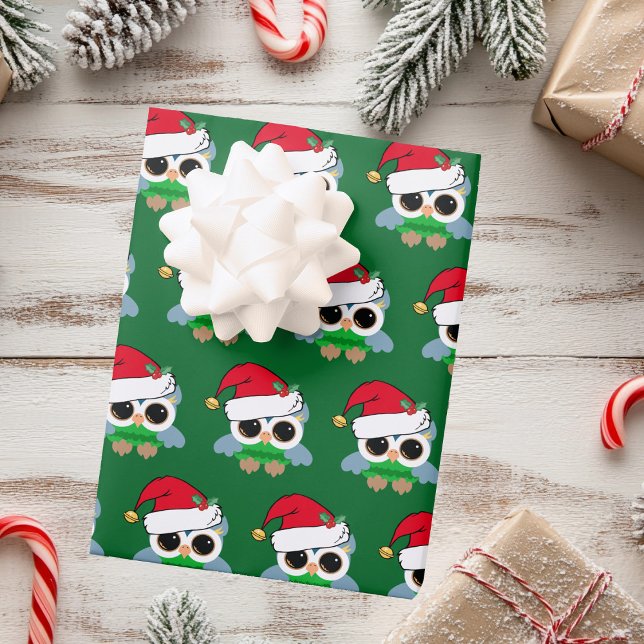 Cute Christmas Owl in Santa Hat Green Kids Wrapping Paper Sheet (Creator Uploaded)