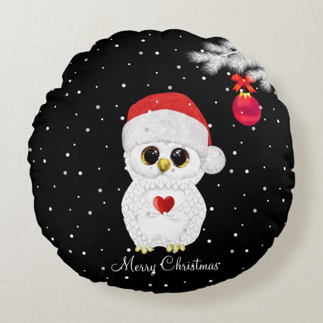 Cute Christmas Owl on Black Round Cushion (Front)