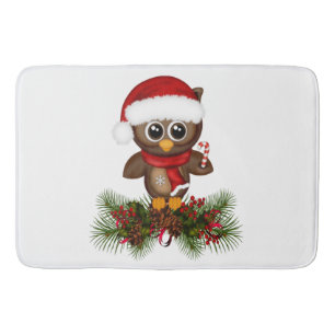 Cute Christmas Owl On Pine Branch Bath Mat